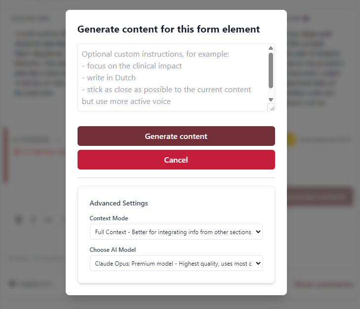 GrantorAI content generation modal allowing custom instructions and model selection