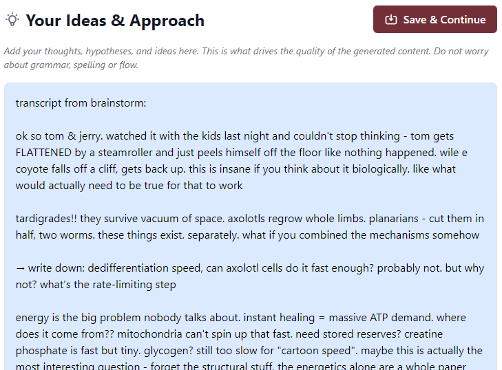 GrantorAI Ideas & Approach input showing raw, unstructured brain dump notes